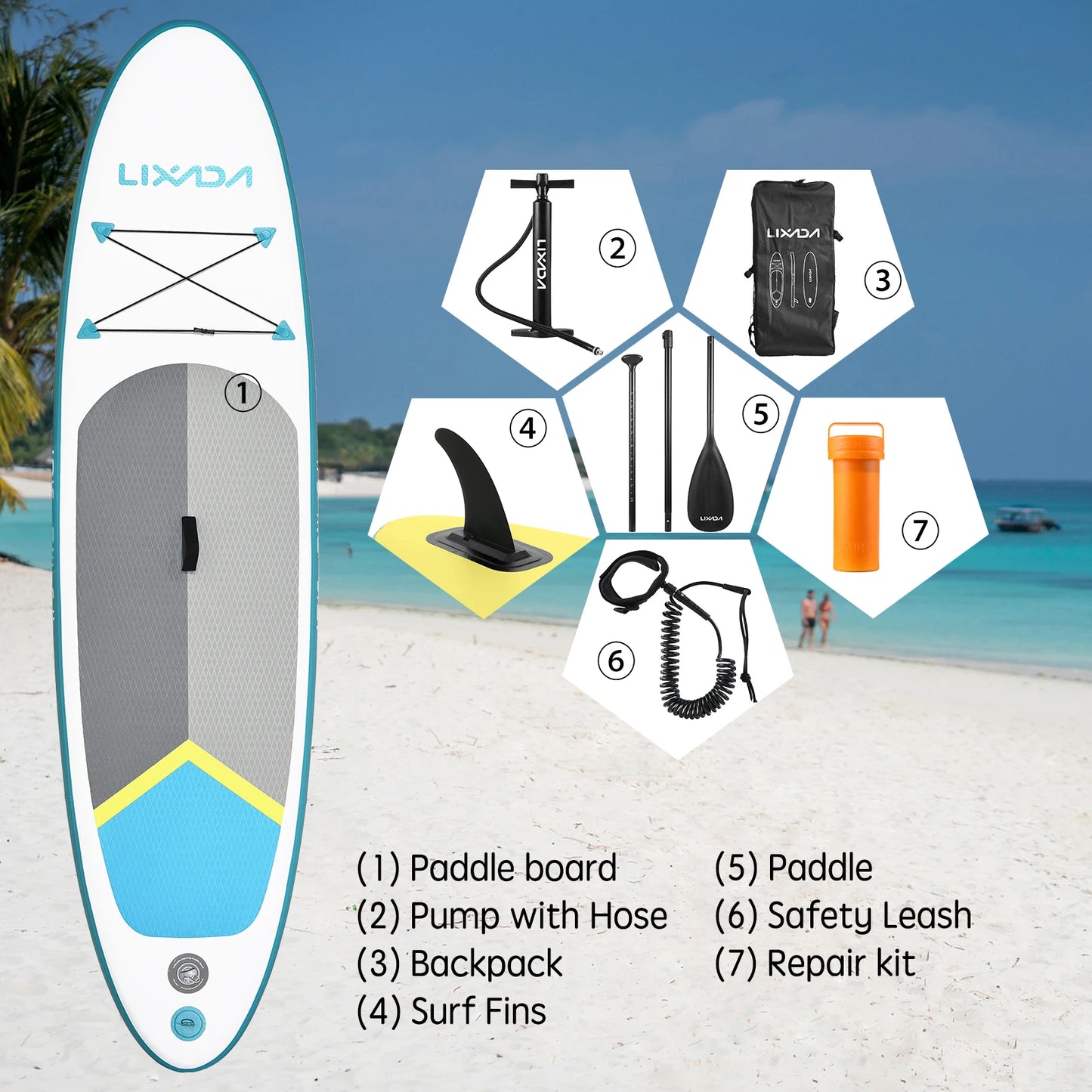 Aligned Stand up Paddle Board with Paddle Board Tail Fin Foot Rope Inflator and Bag